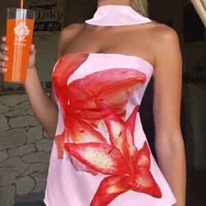 Multicolor Casual Women's Choker Neck Floral Print Romantic Tube Top